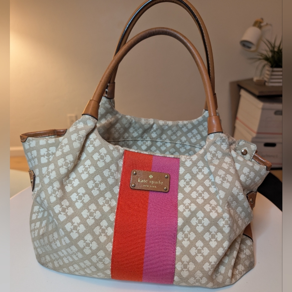 Kate Spade flower jacquard purse tan pink orange stripe